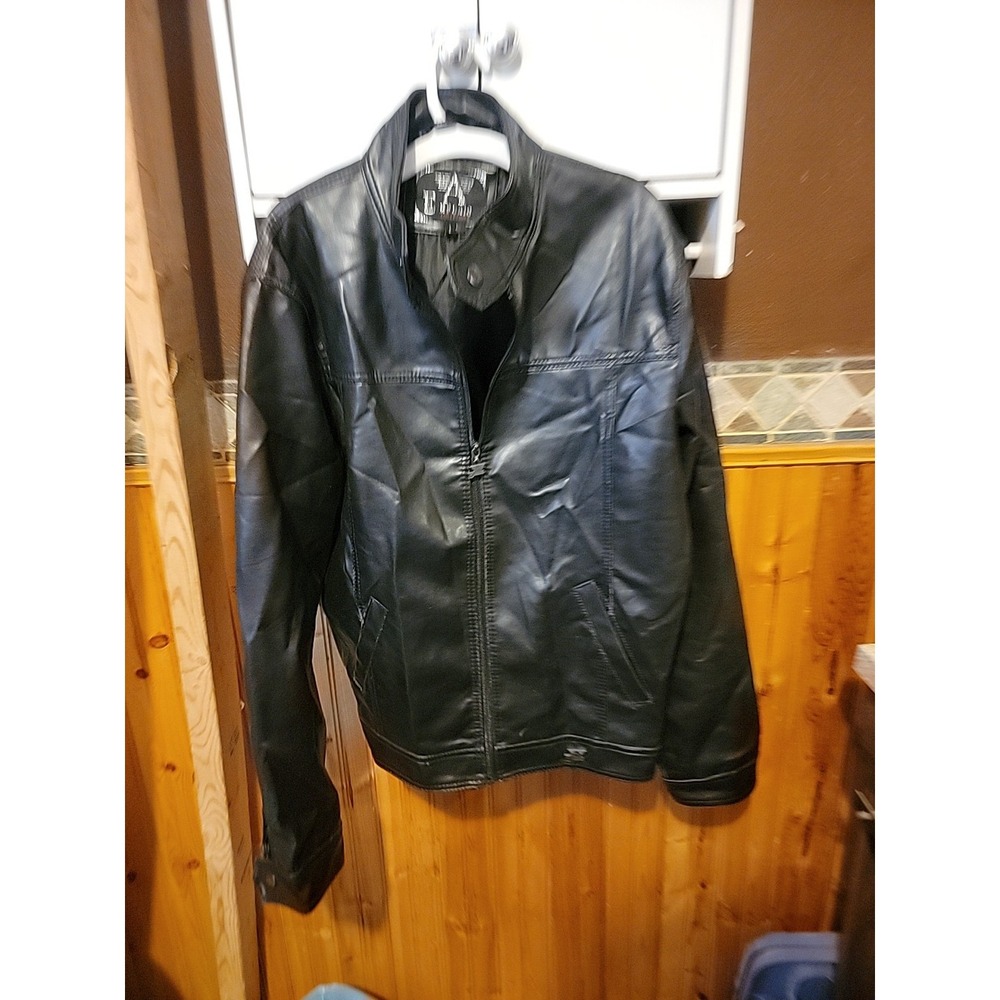 Men's Black Faux Leather Moto Jacket Size L – Biker Motorcycle Style